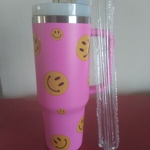 Pink Smiley Face Tumbler with Handle